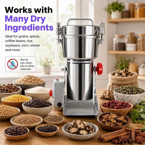 Multi-Purpose Dry Ingredient Grinding Machine, Timed Electric Grain Grinder Stainless Steel Herb Mill for Coffee, Spices, Cereals, Herbs Home Commercial Use in Kuwait