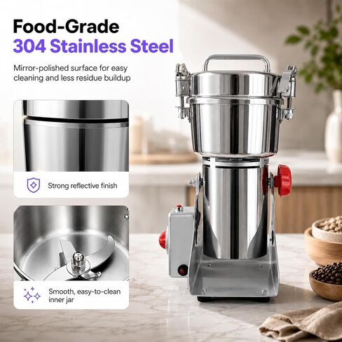 Multi-Purpose Dry Ingredient Grinding Machine, Timed Electric Grain Grinder Stainless Steel Herb Mill for Coffee, Spices, Cereals, Herbs Home Commercial Use in Kuwait