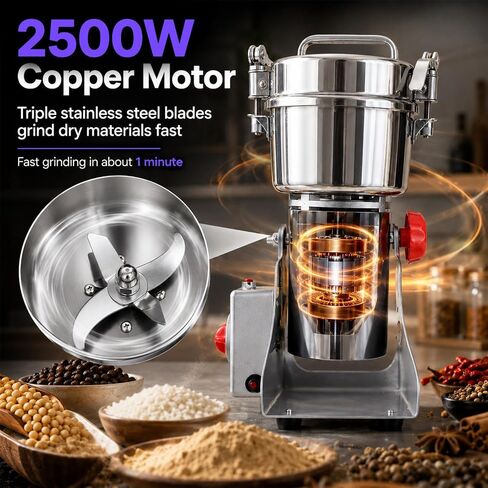 Multi-Purpose Dry Ingredient Grinding Machine, Timed Electric Grain Grinder Stainless Steel Herb Mill for Coffee, Spices, Cereals, Herbs Home Commercial Use in Kuwait