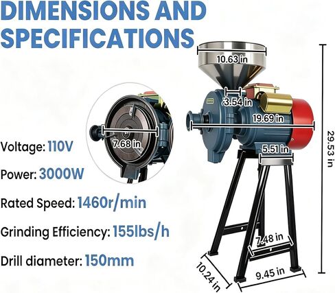 Commercial Grain Mill Grinder, 3000W 110V Electric Dry & Wet Grinder with Adjustable Thickness, Spice Grinder for Corn Rice Herb Pepper Spice Feed Grinding in Kuwait