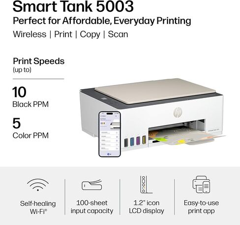 HP Smart Tank 5003 Wireless All-in-One Ink Tank Printer, Scanner, Copier with up to 3 Years of Ink Included, Best-for-Home, Cartridge-Free Refillable, AI-Capable (9B2D3A) in Kuwait