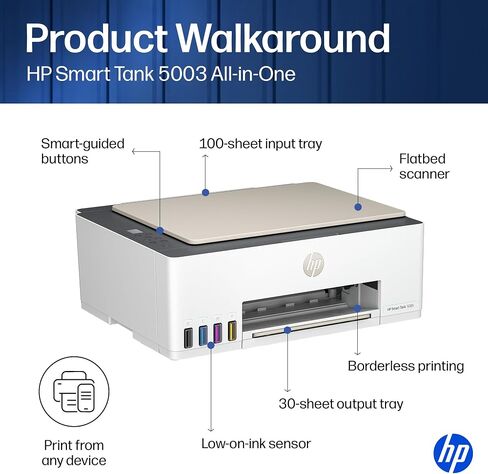 HP Smart Tank 5003 Wireless All-in-One Ink Tank Printer, Scanner, Copier with up to 3 Years of Ink Included, Best-for-Home, Cartridge-Free Refillable, AI-Capable (9B2D3A) in Kuwait