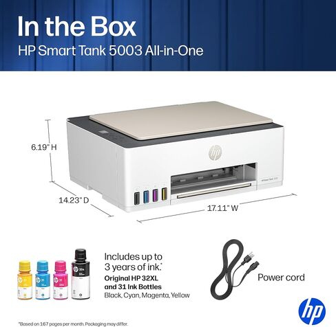HP Smart Tank 5003 Wireless All-in-One Ink Tank Printer, Scanner, Copier with up to 3 Years of Ink Included, Best-for-Home, Cartridge-Free Refillable, AI-Capable (9B2D3A) in Kuwait