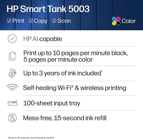 HP Smart Tank 5003 Wireless All-in-One Ink Tank Printer, Scanner, Copier with up to 3 Years of Ink Included, Best-for-Home, Cartridge-Free Refillable, AI-Capable (9B2D3A) in Kuwait