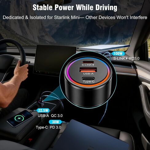 Starlink Mini Car Adapter, 3-in-1 DC Power Cable with 12V to 24V Cigarette Lighter Adapter, 100W Car Power Supply + PD 30W + USB-A 22.5W for Trucks, RVs, Boats - 16.4FT in Saudi Arabia