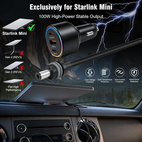 Starlink Mini Car Adapter, 3-in-1 DC Power Cable with 12V to 24V Cigarette Lighter Adapter, 100W Car Power Supply + PD 30W + USB-A 22.5W for Trucks, RVs, Boats - 16.4FT in Saudi Arabia