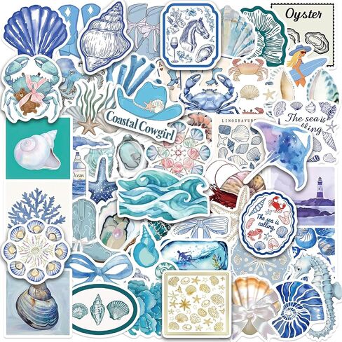50 Pcs Beach Coastal Summer Stickers,Beachy Aesthetic Water Bottle Stickers,Blue Waterproof Scrapbook Sticker, Vinyl Decals for Luggage Laptop Journal in Kuwait
