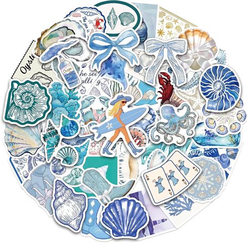 50 Pcs Beach Coastal Summer Stickers,Beachy Aesthetic Water Bottle Stickers,Blue Waterproof Scrapbook Sticker, Vinyl Decals for Luggage Laptop Journal in Kuwait