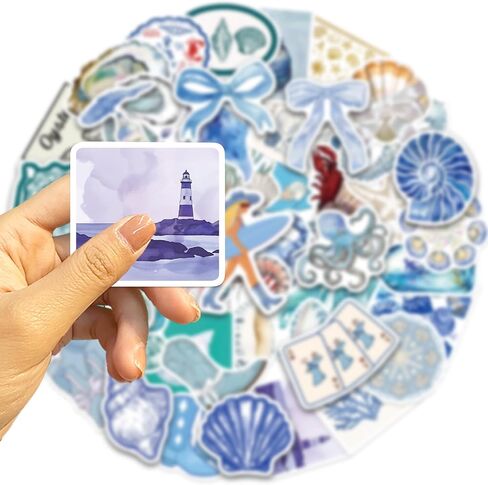 50 Pcs Beach Coastal Summer Stickers,Beachy Aesthetic Water Bottle Stickers,Blue Waterproof Scrapbook Sticker, Vinyl Decals for Luggage Laptop Journal in Kuwait