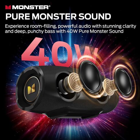 Monster S380 Bluetooth Speaker, Portable Speaker with 40W Stereo Sound, Bluetooth 6.0, IPX6 Waterproof, 20H Playtime, Support AUX/TF Card, TWS Pairing Wireless Speaker for Travel Party Outdoor in Kuwait