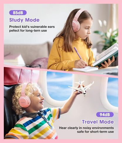 Kids Headphones Bluetooth 60H, Foldable On Ear Headphone with MIC, Volume Limiter 85dB/94dB Wireless & Wired Headphones, Over-Ear Headphone for Kid Adult School Online Class Travel, Pink in Kuwait