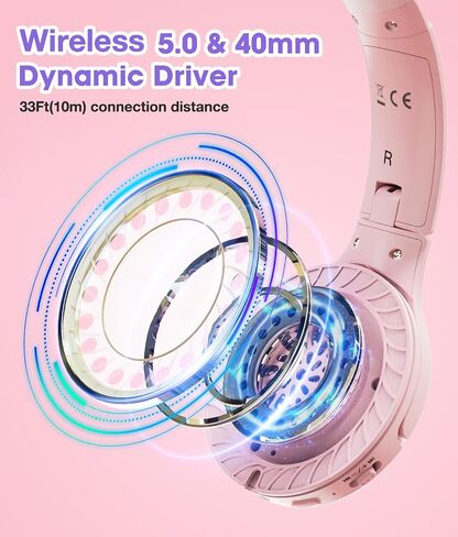 Kids Headphones Bluetooth 60H, Foldable On Ear Headphone with MIC, Volume Limiter 85dB/94dB Wireless & Wired Headphones, Over-Ear Headphone for Kid Adult School Online Class Travel, Pink in Kuwait