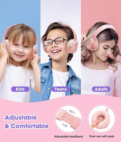 Kids Headphones Bluetooth 60H, Foldable On Ear Headphone with MIC, Volume Limiter 85dB/94dB Wireless & Wired Headphones, Over-Ear Headphone for Kid Adult School Online Class Travel, Pink in Kuwait