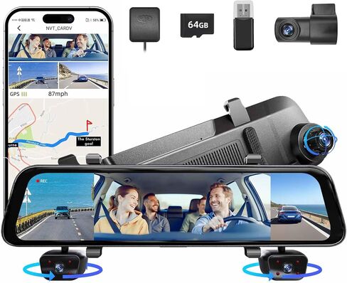2026 4K Mirror Dash Cam 4 Channel, 12" Touch Screen Rear View Mirror Camera for Cars,4K Dashcam Front Rear Inside, IR Night Vision,WiFi,APP,GPS, Voice Control,Free 128GB SD in Kuwait
