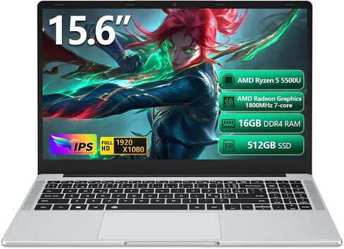 Laptop, Laptop Computer AMD Ryzen 5 5500U 6-Core, 16GB RAM 512GB SSD, 15.6 Inch Laptops with 1080P FHD, Win 11 Pro, Radeon Graphics, 180° Open, Backlit KB, USB-C PD, Gray Thin & Light PC Lap top in Kuwait