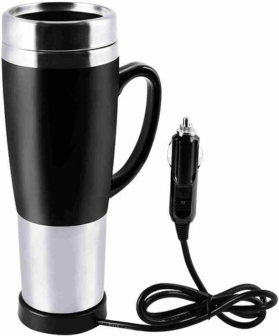 12V Electric Insulated Car Boiler for Hot Coffee, Tea, Quick Warm Travel Mug for Driver, Businessman, Food Grade Plastic Stainless Steel, 450 ml, Black (Black) in Kuwait