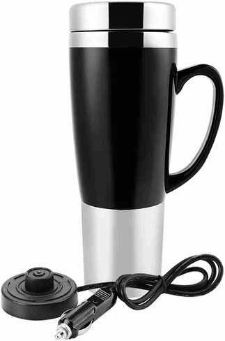 12V Electric Insulated Car Boiler for Hot Coffee, Tea, Quick Warm Travel Mug for Driver, Businessman, Food Grade Plastic Stainless Steel, 450 ml, Black (Black) in Kuwait
