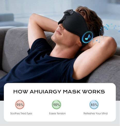 Sleep Mask with Headphones Bluetooth 5.4-3D Zero-Pressure Design AHUIARGY Adjustable Sleep Headphones 100% Light Blocking Sleep Headphones with White Noise Sounds Comfortable（Raven） in Kuwait
