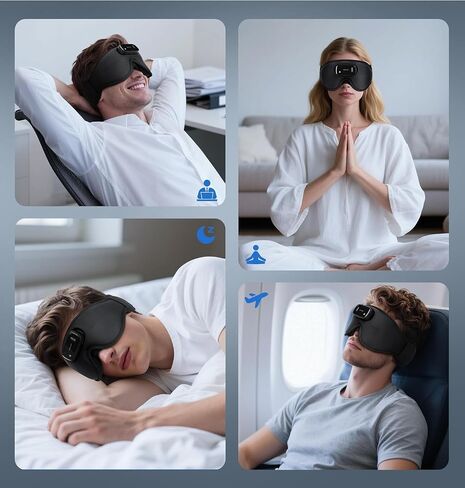 Sleep Mask with Headphones Bluetooth 5.4-3D Zero-Pressure Design AHUIARGY Adjustable Sleep Headphones 100% Light Blocking Sleep Headphones with White Noise Sounds Comfortable（Raven） in Kuwait
