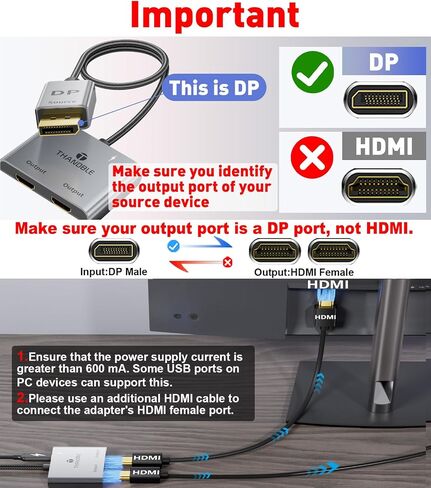 DisplayPort to Dual HDMI Adapter (4K@60Hz) DP to HDMI Splitter for Dual Monitors Extended Display MST Display Port 1 in 2 Out Hub for PC, Graphics Card in Kuwait