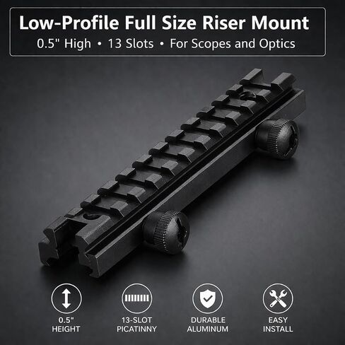 360 Tactical Low-Profile Full Size Riser Mount, 0.5" High 13 Slots Riser Mount 0.5 inch High for Scopes and Optics Three T Trading in Kuwait
