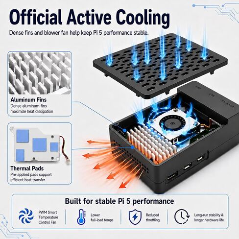Case for Raspberry Pi 5 with Official Active Cooler, ABS Plastic Enclosure with Removable Top Cover, Power Button, Rear Exhaust Vent, WiFi Signal Friendly (Pi 5 Board Not Included) in Kuwait