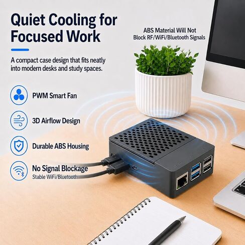 Case for Raspberry Pi 5 with Official Active Cooler, ABS Plastic Enclosure with Removable Top Cover, Power Button, Rear Exhaust Vent, WiFi Signal Friendly (Pi 5 Board Not Included) in Kuwait