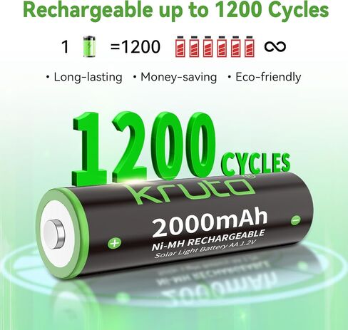 NiMH Rechargeable AA Batteries, 2000mAh 1.2V NiMH High Capacity Double AA Solar Rechargeable AA Batteries for Outdoor Solar Lights - Recharge up to 1200 Times, Pre-Charged (AA 2000mAh - Pack 20) in Kuwait
