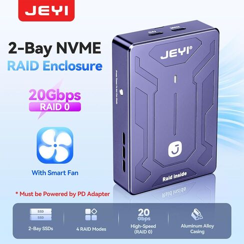 JEYI Dual-Bay NVMe M.2 SSD Enclosure with Turbo Fan, USB 3.2 Gen2x2 20Gbps, Hardware RAID 0/1/JBOD/LARGE, Smart Fan Control, Supports 2x8TB in Saudi Arabia
