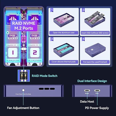 JEYI Dual-Bay NVMe M.2 SSD Enclosure with Turbo Fan, USB 3.2 Gen2x2 20Gbps, Hardware RAID 0/1/JBOD/LARGE, Smart Fan Control, Supports 2x8TB in Saudi Arabia