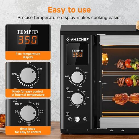 AMZCHEF Electric Rotisserie Grill with 2-in-1 Cooking Mode,34QT Rotisserie Oven with 360° Auto-Rotating Heating, Dual Skewers, Grilling Rack, Countertop Grill for Home, Restaurant, Kitchen Parties in Kuwait