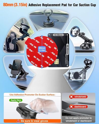Sticky Adhesive Pad for Suction Cup: 6Pcs 3.15" Heat Resistant Double Sided Tape Replacement for Dashboard Car Mount, 80mm Round Sticker for Dash Windshield Phone Holder with Adhesion Promoter in Kuwait
