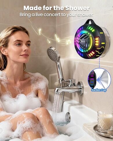 JTEMAN Shower Speaker Bluetooth Waterproof Portable,IPX7 Waterproof Outdoor Speaker with 7 LED Light Modes, Suction Cup & Carabiner, Floating Wireless Speaker for Pool, Beach, Kayak,Unisex Gifts in Kuwait