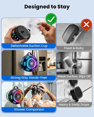 JTEMAN Shower Speaker Bluetooth Waterproof Portable,IPX7 Waterproof Outdoor Speaker with 7 LED Light Modes, Suction Cup & Carabiner, Floating Wireless Speaker for Pool, Beach, Kayak,Unisex Gifts in Kuwait
