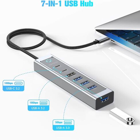 RSHTECH 7-Port USB C Hub 10Gbps with 3 USB-3.2 (2C + 1A), 4 USB-3.0 Ports in Kuwait