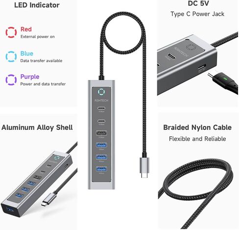 RSHTECH 7-Port USB C Hub 10Gbps with 3 USB-3.2 (2C + 1A), 4 USB-3.0 Ports in Kuwait