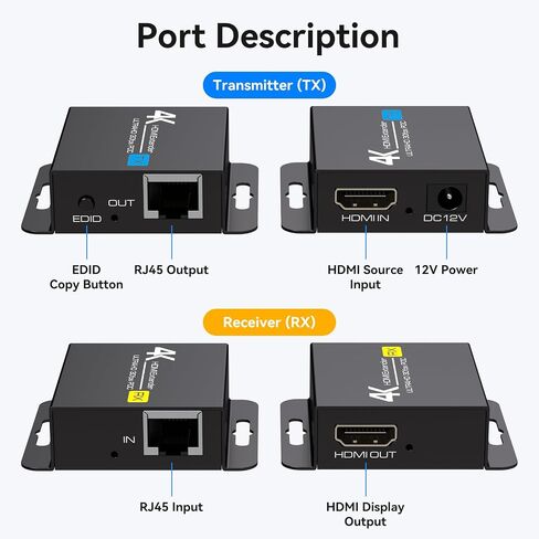 4K HDMI Extender Over CAT6/7 4K30Hz Upto 131ft/40m 1080P Upto 196ft/60m HDMI Balun Over Single Ethernet Support EDID and POC (Power Only Supplied to The TX End) in Kuwait