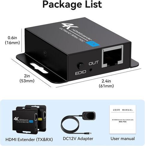 4K HDMI Extender Over CAT6/7 4K30Hz Upto 131ft/40m 1080P Upto 196ft/60m HDMI Balun Over Single Ethernet Support EDID and POC (Power Only Supplied to The TX End) in Kuwait
