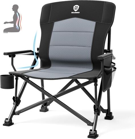 EVER ADVANCED Oversized Folding Camping Chair for Adults with Adjustable Lumbar Support, Heavy Duty Chair with Side Pockets, Portable Collapsible Quad Chair for Outside in Kuwait