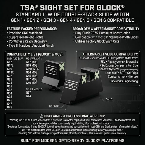 TSA® XXX Glow Co Witness Tall Sights for Glock® MOS & Standard Models Gen 1-6 – Green XXX Pattern – Fits G17 G19 G19X G45 G47 & More in Saudi Arabia