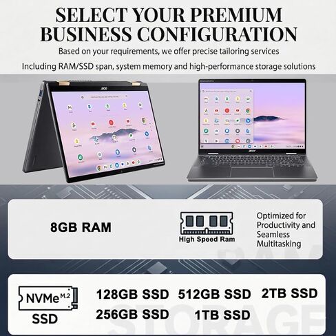 iCarp Customized Laptop Made with Acer Chromebook Plus Spin 714 2-in-1 Laptop 14" WUXGA Touchscreen 100% sRGB Intel 8-core Ultra 5 115U 8GB RAM 128GB/256GB/512GB/1TB/2TB SSD Backlit Thunderbolt in Kuwait