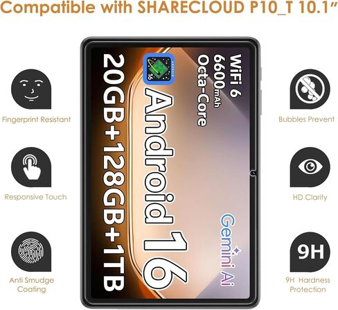 Hianjoo 2-Pack Screen Protector Compatible with SHARECLOUD P10_T / P10C / Frameflow P10_A Tablet 10.1 inch, Tempered Glass [HD Clarity] [9 Hardness] [Anti-Scratch] [Easy Installation] [9.25" x 6.06", 235mm x 154mm] in Kuwait