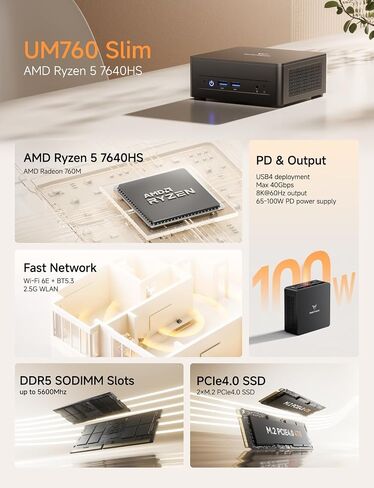 MINISFORUM Mini PC UM760 Slim, AMD Ryzen 5 7640HS Processor(6C/12T, Up to 5.0GHz), 16GB DDR5 RAM & 1TB PCIe 4.0 SSD Mini Computer, Support 8K@60Hz HDMI 2.1/USB4 Output, WIFI6E/BT5.3/Auto Power On in Saudi Arabia