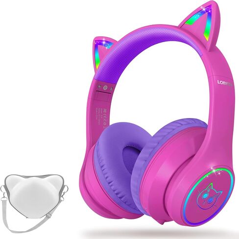 LOBKIN Bluetooth 5.4 Kids Headphones with Case - RGB LED Light Up Cat Ears Foldable Adjustable Over Ear Headphone Support Wireless or 3.5mm Wired Mode for Toddler & Girls & Boys Teens in Kuwait