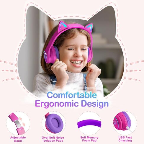 LOBKIN Bluetooth 5.4 Kids Headphones with Case - RGB LED Light Up Cat Ears Foldable Adjustable Over Ear Headphone Support Wireless or 3.5mm Wired Mode for Toddler & Girls & Boys Teens in Kuwait