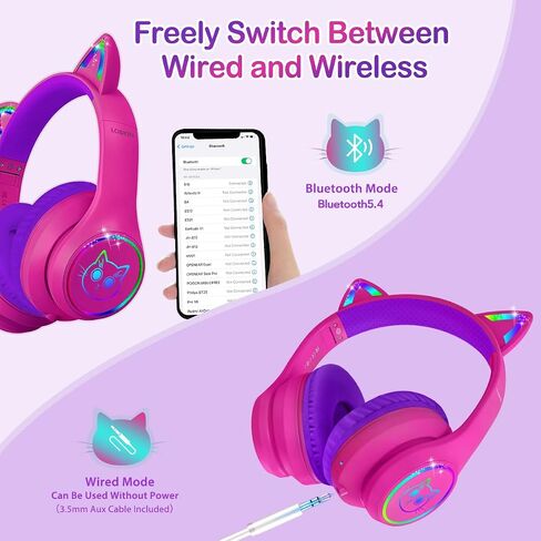 LOBKIN Bluetooth 5.4 Kids Headphones with Case - RGB LED Light Up Cat Ears Foldable Adjustable Over Ear Headphone Support Wireless or 3.5mm Wired Mode for Toddler & Girls & Boys Teens in Kuwait