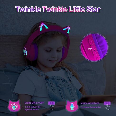 LOBKIN Bluetooth 5.4 Kids Headphones with Case - RGB LED Light Up Cat Ears Foldable Adjustable Over Ear Headphone Support Wireless or 3.5mm Wired Mode for Toddler & Girls & Boys Teens in Kuwait