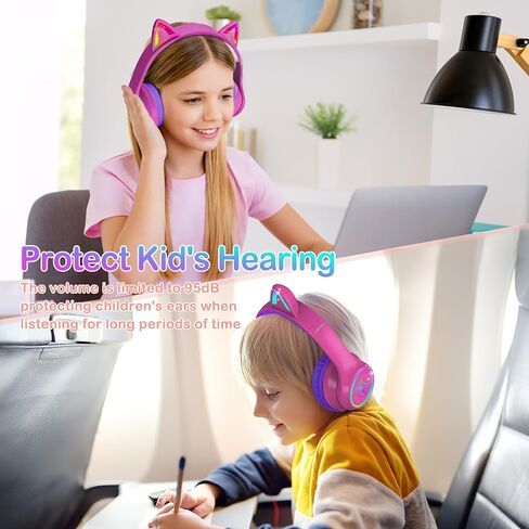 LOBKIN Bluetooth 5.4 Kids Headphones with Case - RGB LED Light Up Cat Ears Foldable Adjustable Over Ear Headphone Support Wireless or 3.5mm Wired Mode for Toddler & Girls & Boys Teens in Kuwait