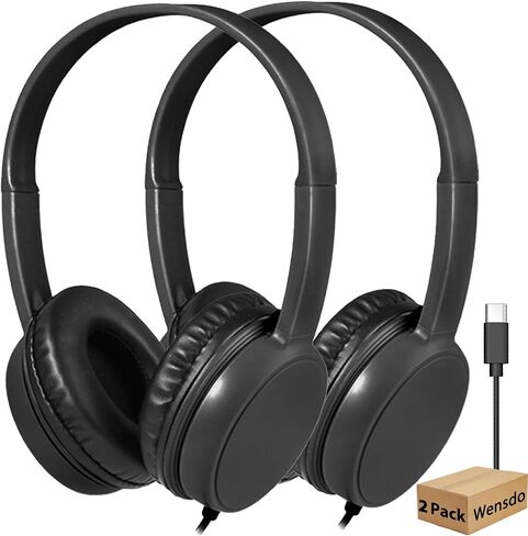 Kids USB C Wired On-Ear Headphones 2-Pack, Adjustable Headset for School Classroom Students, Compatible with Chromebooks, Laptops, Tablets and Smartphones, Black in Kuwait