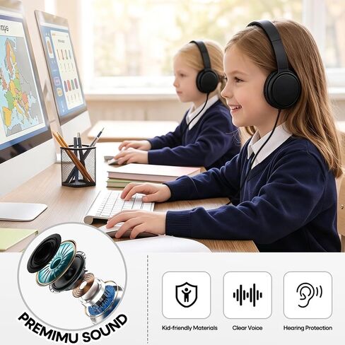 Kids USB C Wired On-Ear Headphones 2-Pack, Adjustable Headset for School Classroom Students, Compatible with Chromebooks, Laptops, Tablets and Smartphones, Black in Kuwait